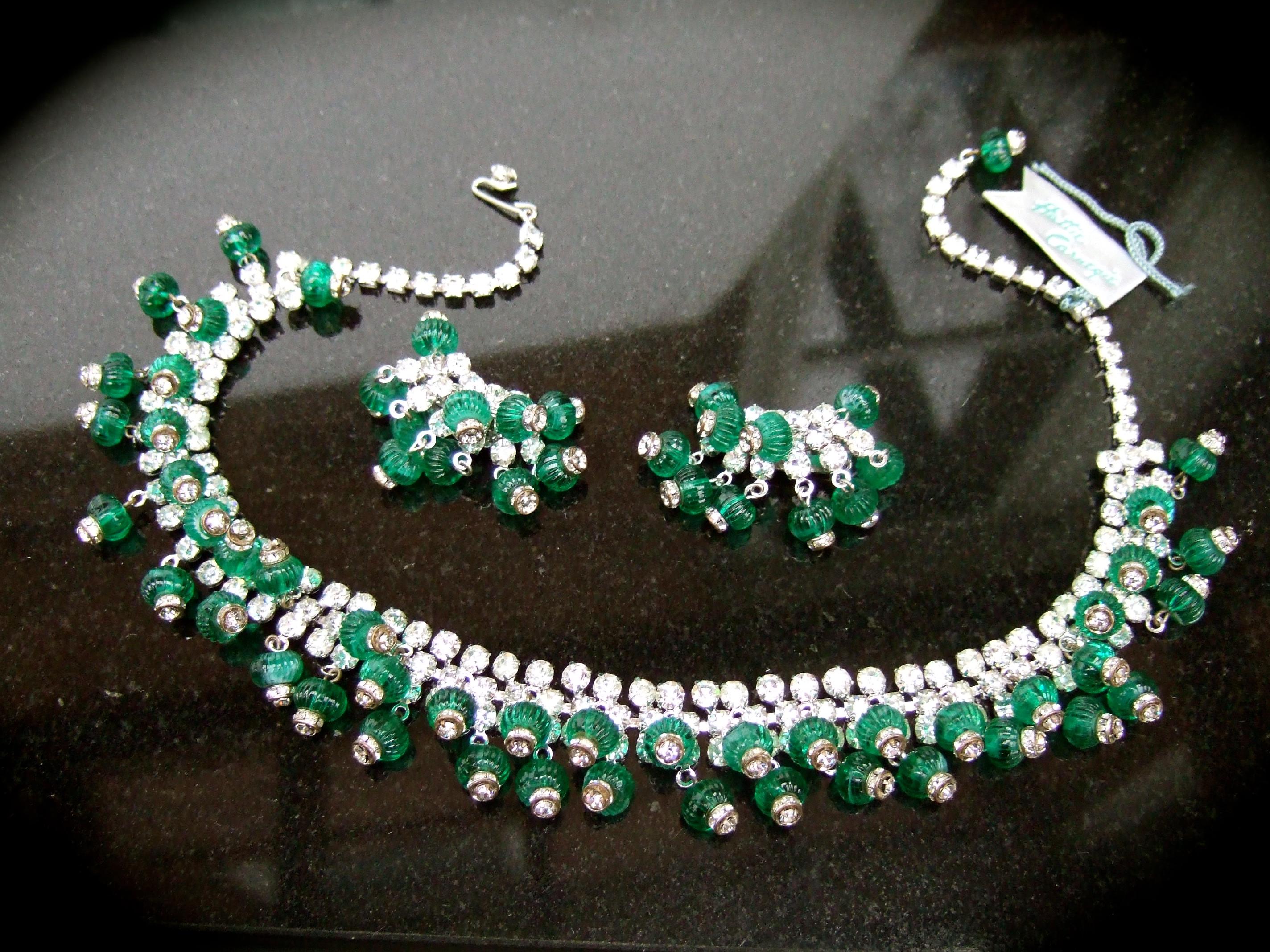 Hattie Carnegie Glass Rhinestone Choker Necklace & Earring Set c 1950s 2