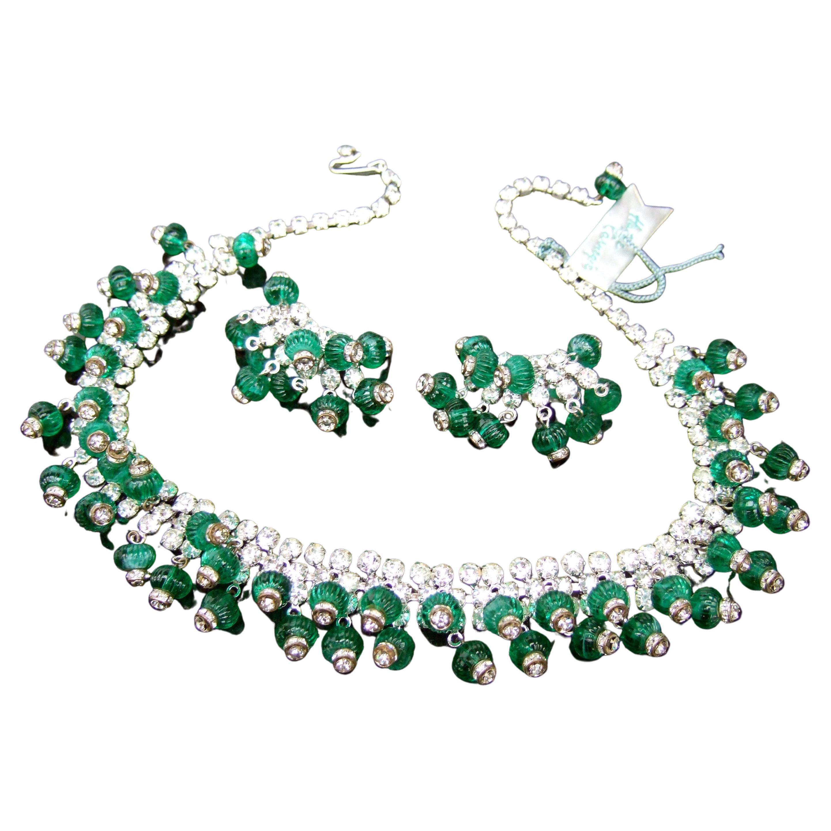 Hattie Carnegie Glass Rhinestone Choker Necklace & Earring Set c 1950s