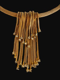 Hattie Carnegie Gold Mesh Chain Waterfall Tassel Choker Necklace Earrings Set