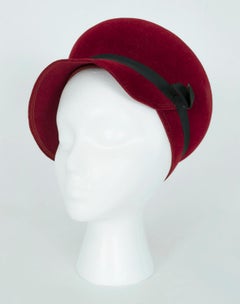 Hattie Carnegie Mod "Steal a Million" Burgundy Wool Helmet Hat, Italy - S, 1960s