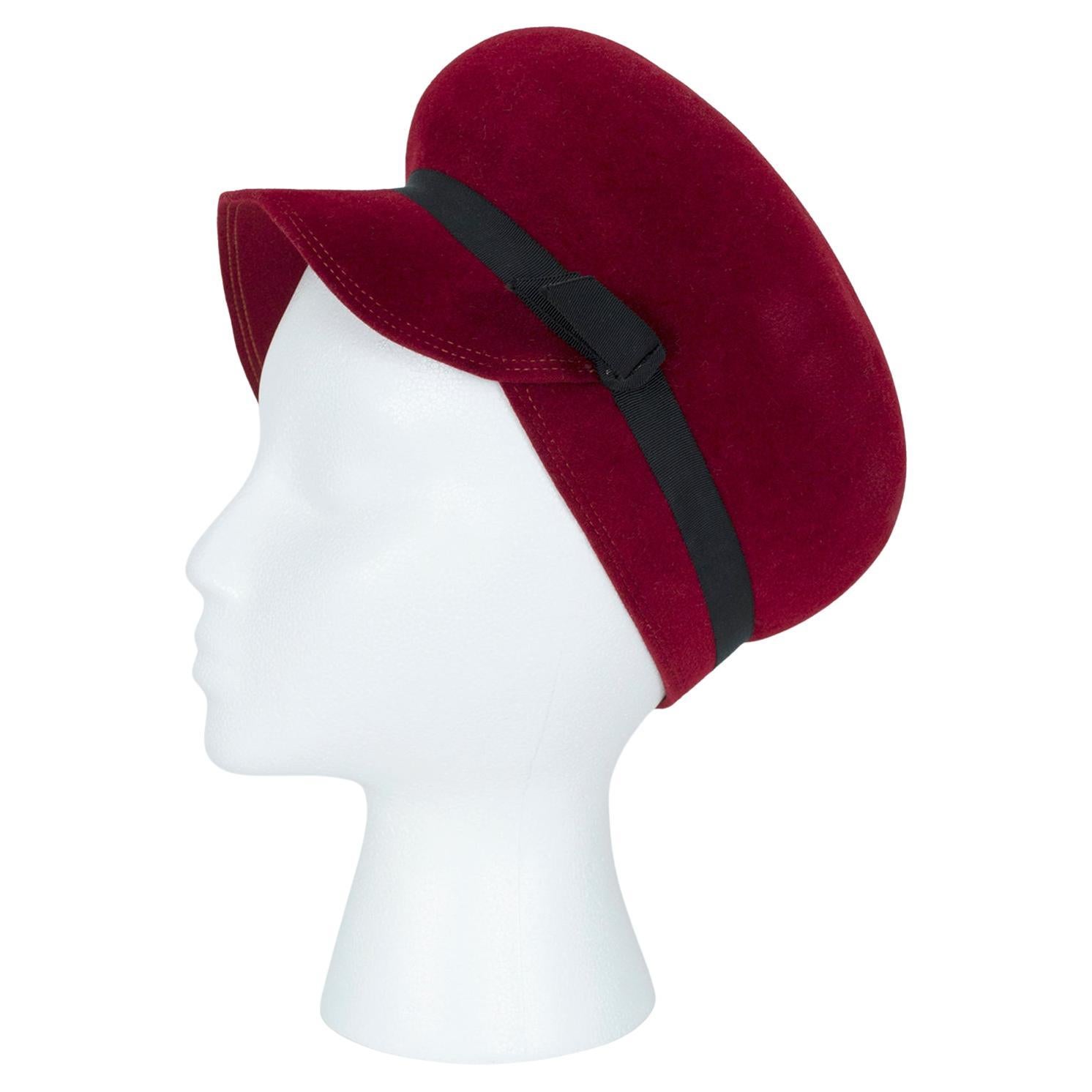 Hattie Carnegie Mod "Steal a Million" Burgundy Wool Helmet Hat, Italy - S, 1960s