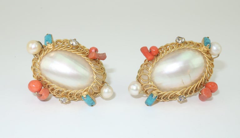 Oval Cut Hattie Carnegie Mother-Of-Pearl Earrings & Pendant Clip Set