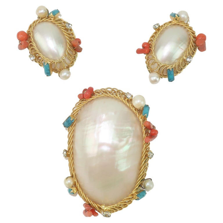 Hattie Carnegie Mother-Of-Pearl Earrings & Pendant Clip Set