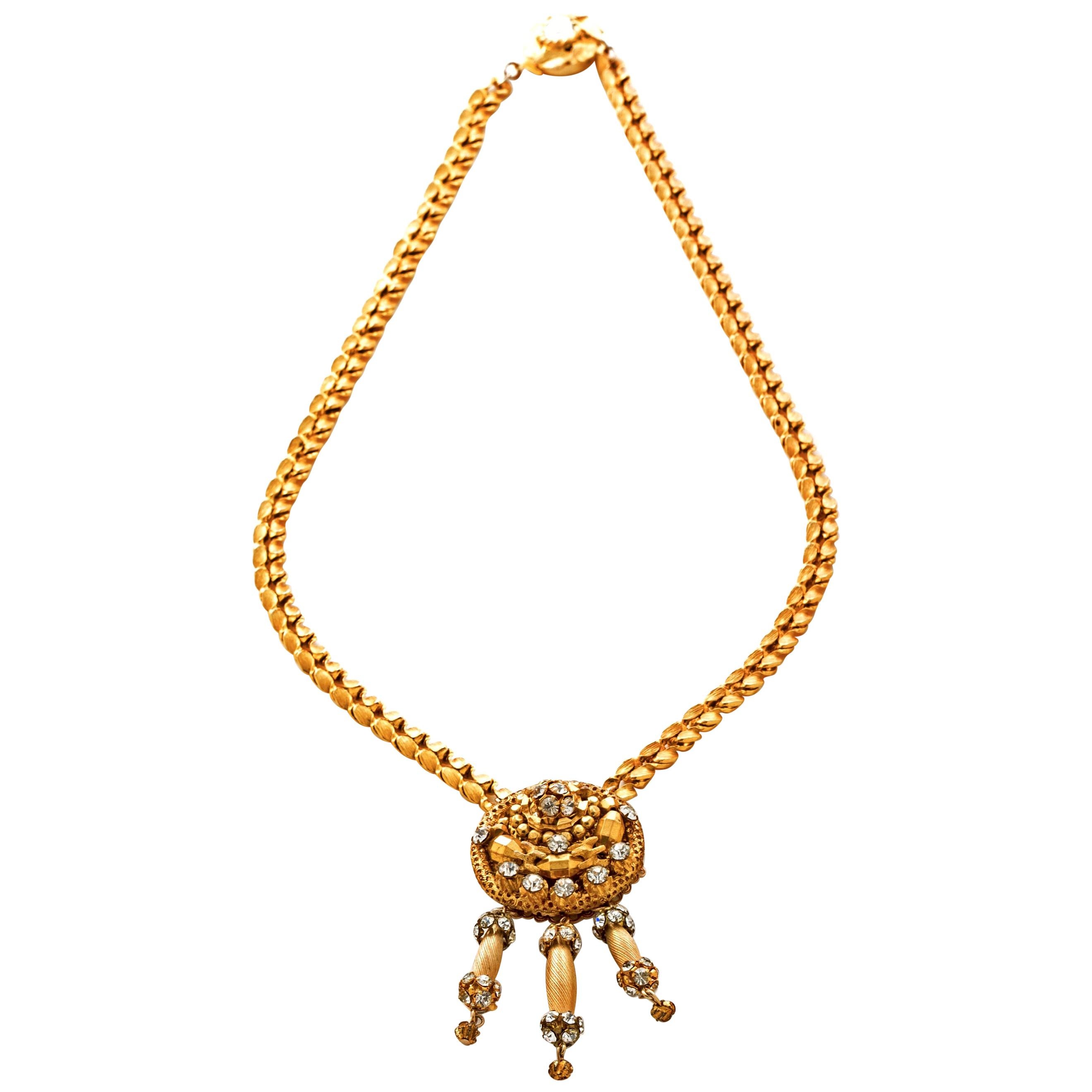 Hattie Carnegie Necklace & Earrings in Gilt Metal with Crystals