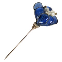 Hattie Carnegie Sapphire Poured  Gripoix Glass Floral Stick Pin, Gripoix