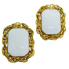 HATTIE CARNEGIE signed vintage gold tone white glass designer clip on earrings HATTIE CARNEGIE signed vintage gold tone white glass designer clip on earrings