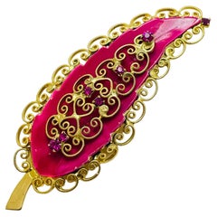 HATTIE CARNEGIE signed vintage leaf pink enamel rhinestone designer brooch