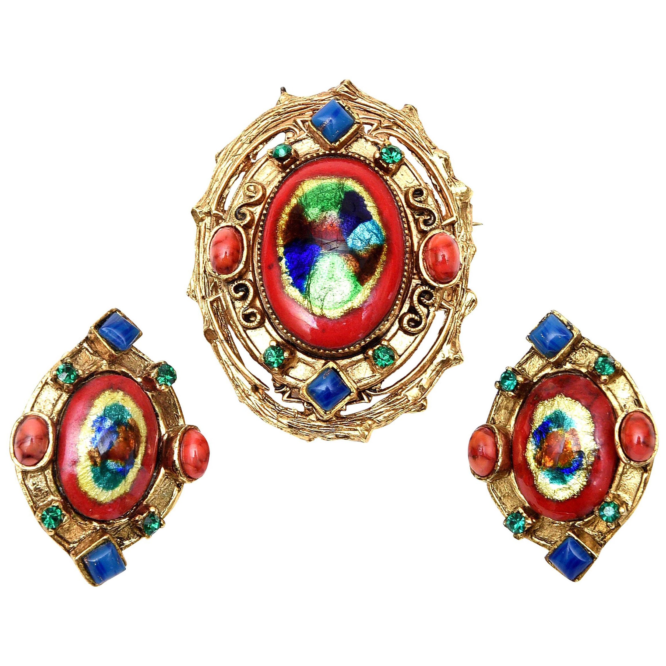 Hattie Carnegie Conjunto de alfiler o colgante y pendientes de cristal con esmalte y brillantes vintage en venta