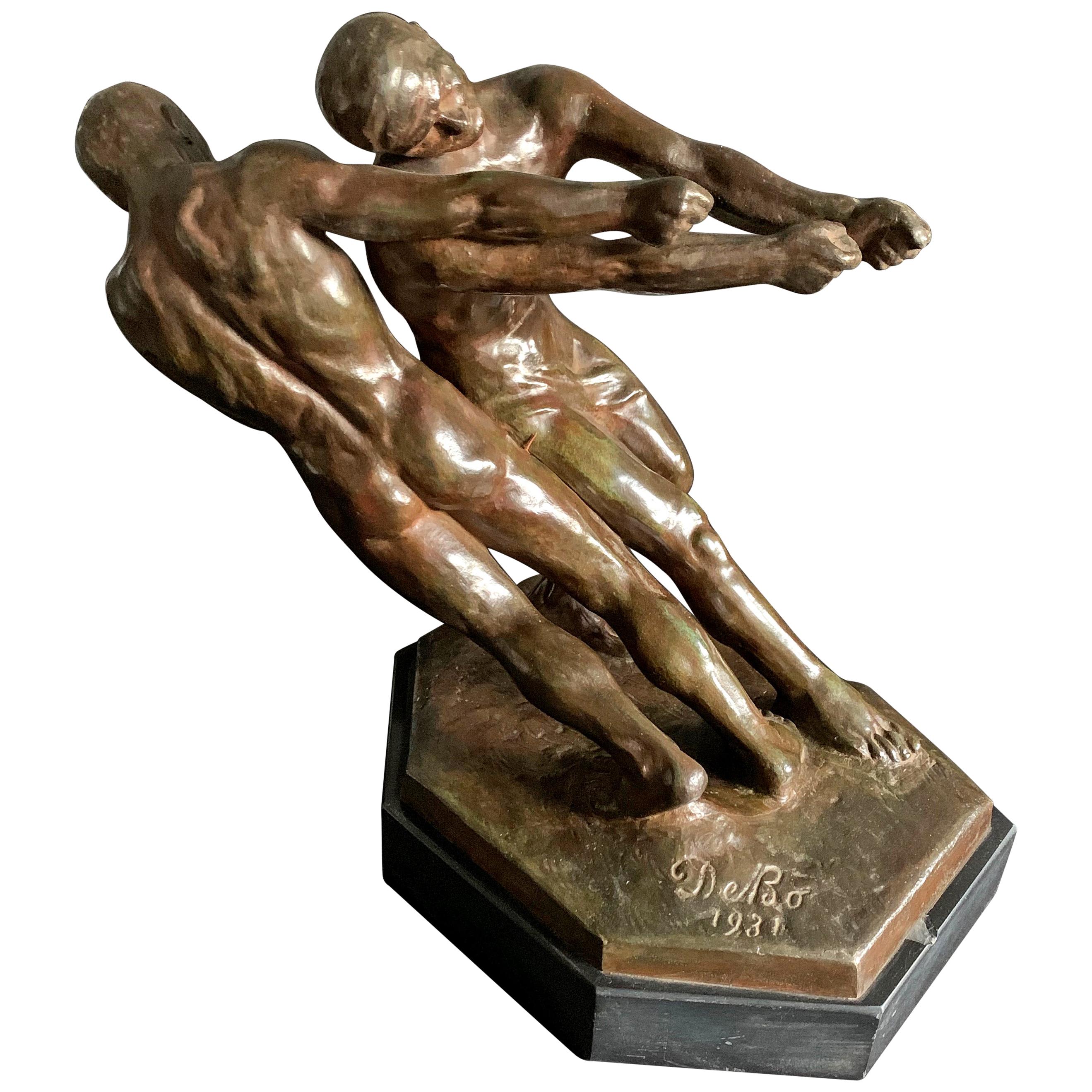 "Hauling In," Possibly Unique Art Deco Bronze Sculpture with Male Nudes, 1931