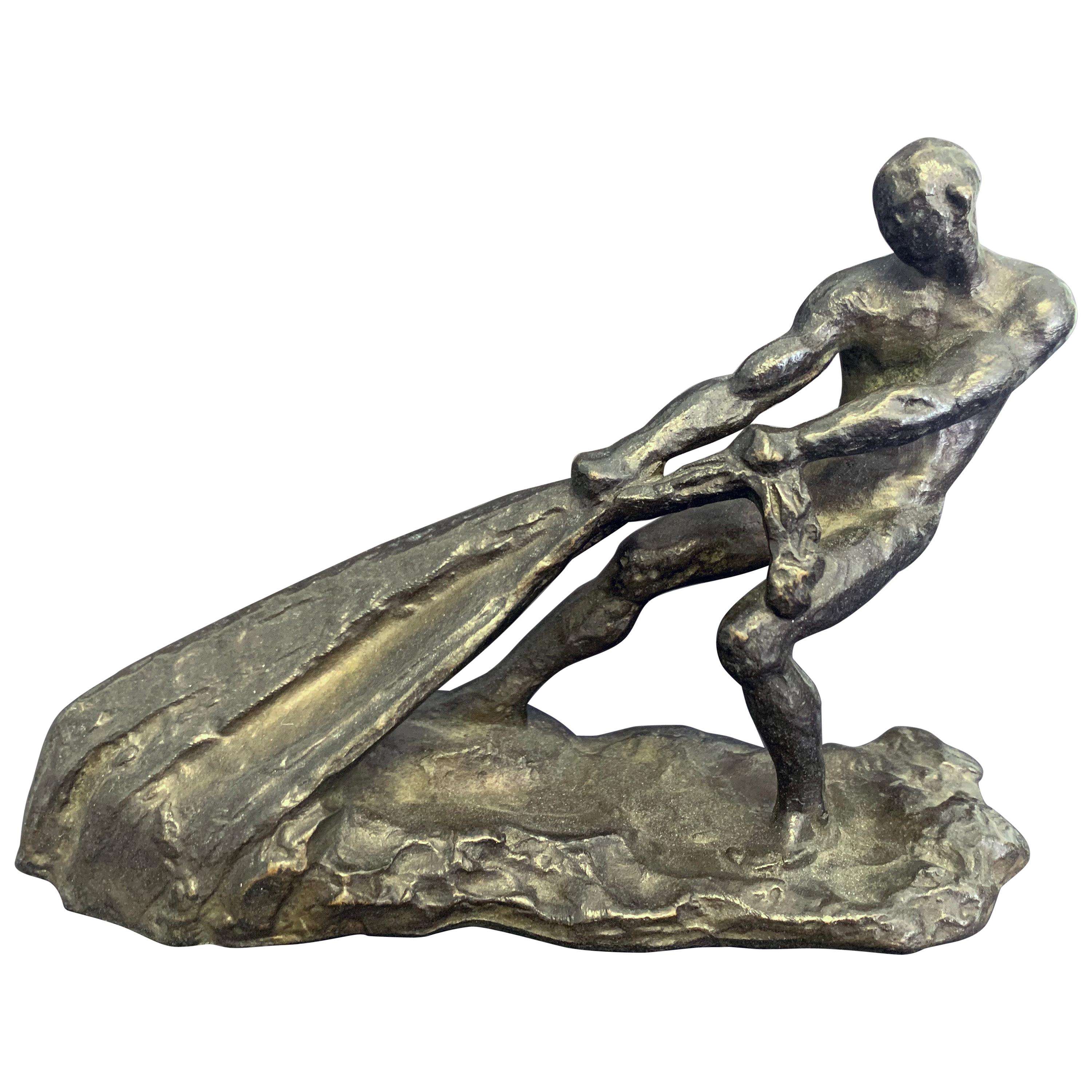 "Hauling the Net," Rare Art Deco Bronze with Nude Male Fisherman