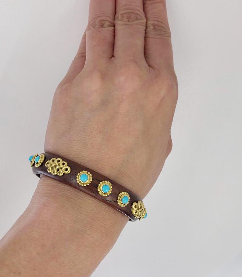 Cabochon Haume Turquoise Wood Yellow Gold Bangle Bracelet