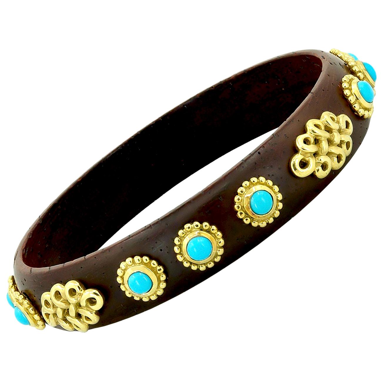 Haume Turquoise Wood Yellow Gold Bangle Bracelet