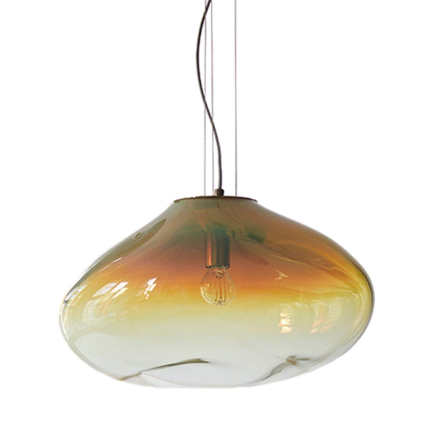 Haumea Amorph amber iridescent L pendant by Eloa.
No UL listed 
Material: glass, steel, silver, LED bulb
Dimensions: D27 x W39 x H30 cm
Also available in different colours and dimensions.

All our lamps can be wired according to each country. If