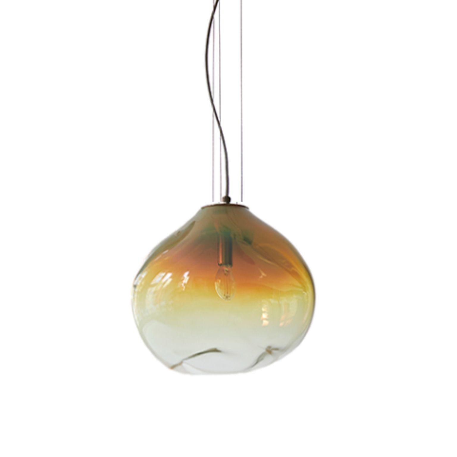 Haumea Amorph amber iridescent M pendant by Eloa.
No UL listed 
Material: glass, steel, silver, LED bulb
Dimensions: D30 x W32 x H27 cm
Also available in different colors and dimensions.

All our lamps can be wired according to each country. If sold