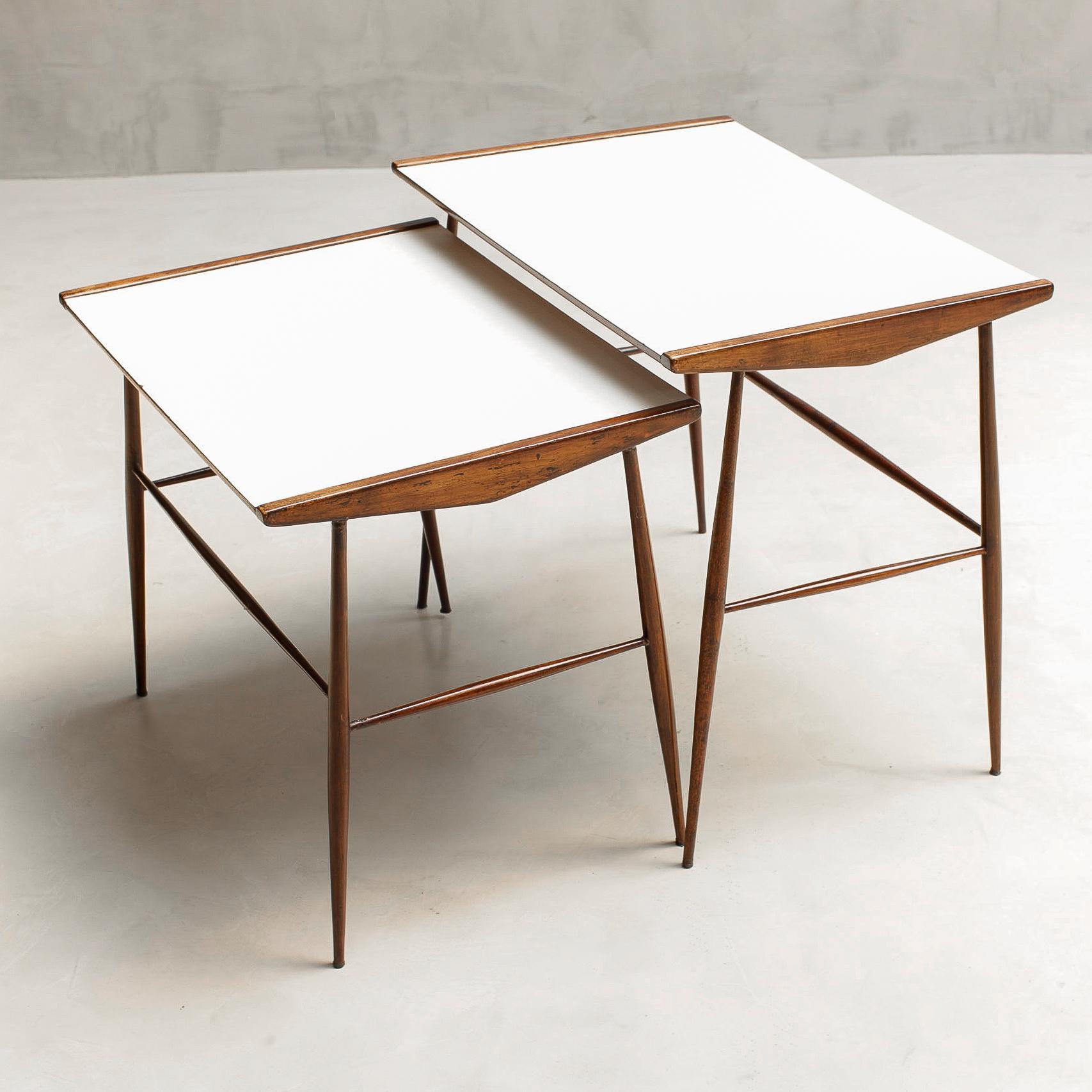 This set of nesting tables, designed by Martin Eisler and Carlo Hauner for Móveis Artesanal in the mid-1950s, is a rare and iconic example of modern Brazilian design. Made from solid rosewood, the tables stand out for their light forms and