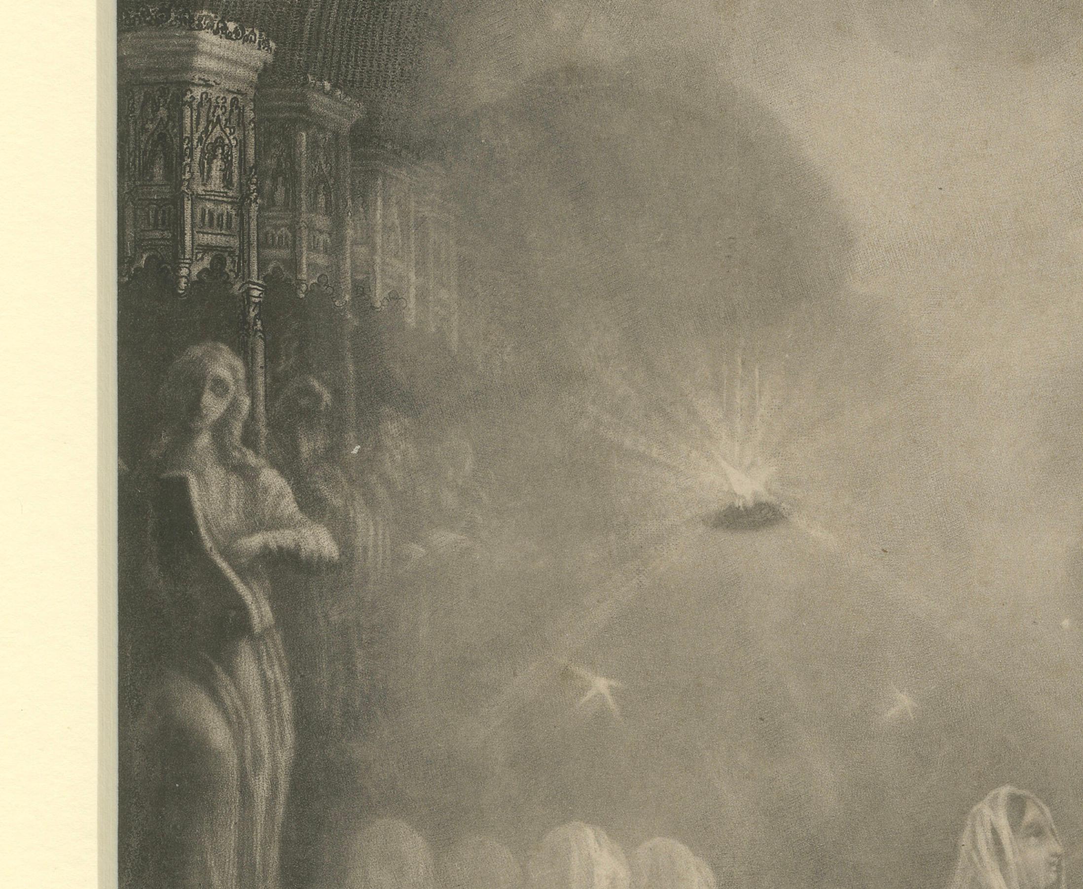 Título: Elegancia inquietante - Litografía gótica del siglo XIX de apariciones fantasmales  

Esta evocadora litografía capta una hipnotizadora escena gótica llena de misterio y encanto sobrenatural. La composición presenta figuras veladas y