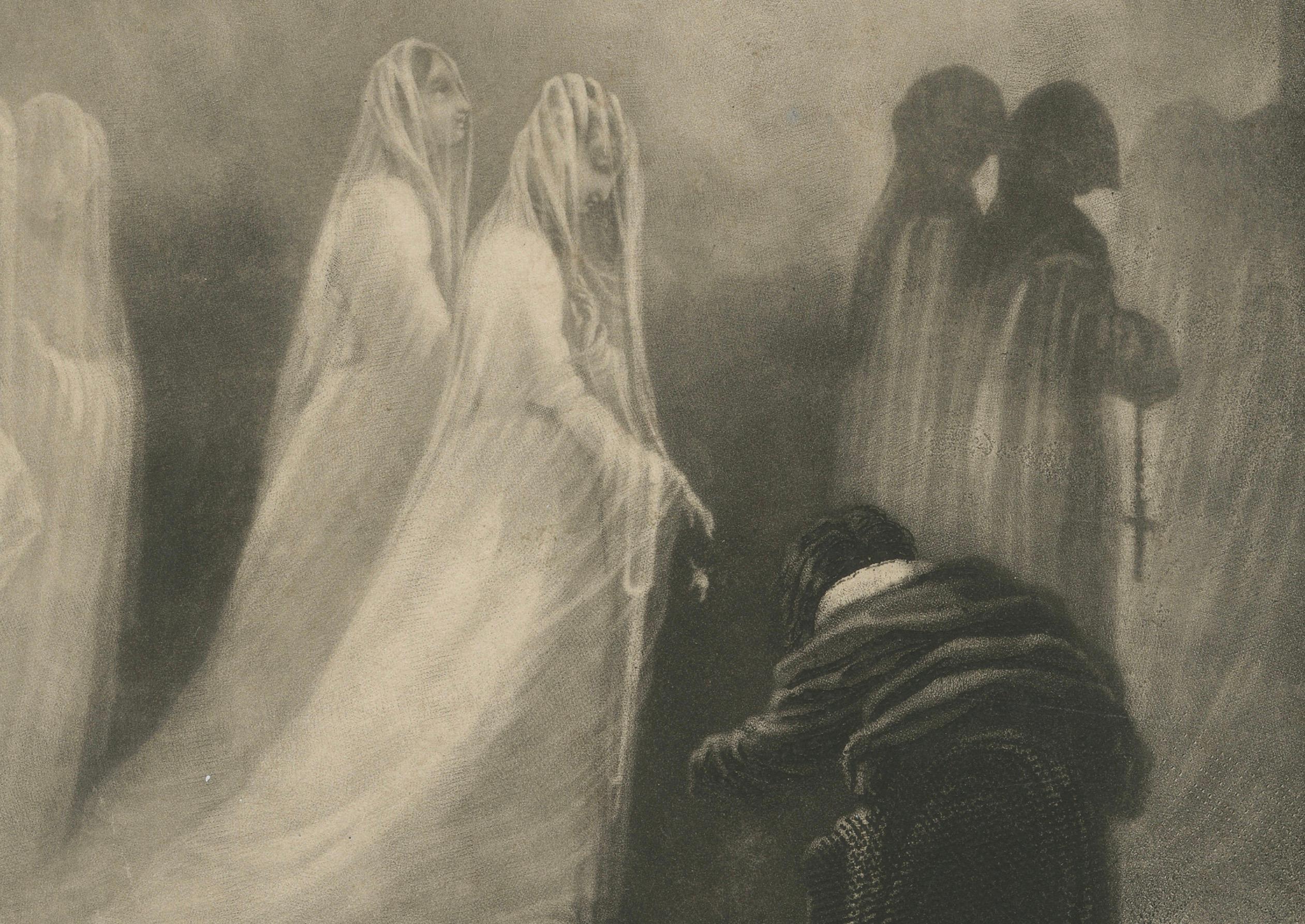 Elegancia inquietante - Litografía gótica del siglo XIX de apariciones fantasmales Fines del siglo XIX en venta