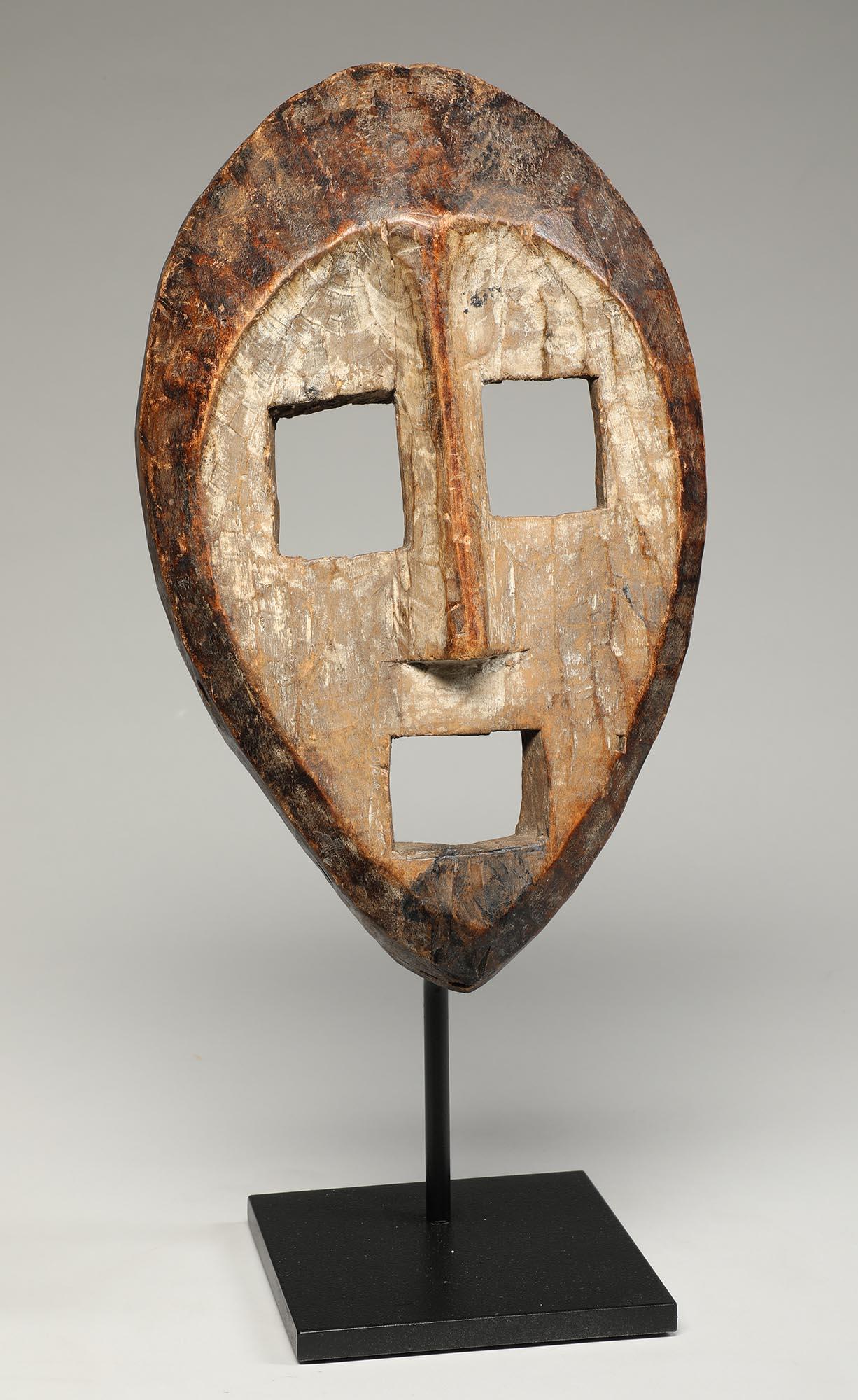 Hand-Carved Haunting Open Square Eyed Kumu Wood Mask, Congo, Early 20th Century, Africa