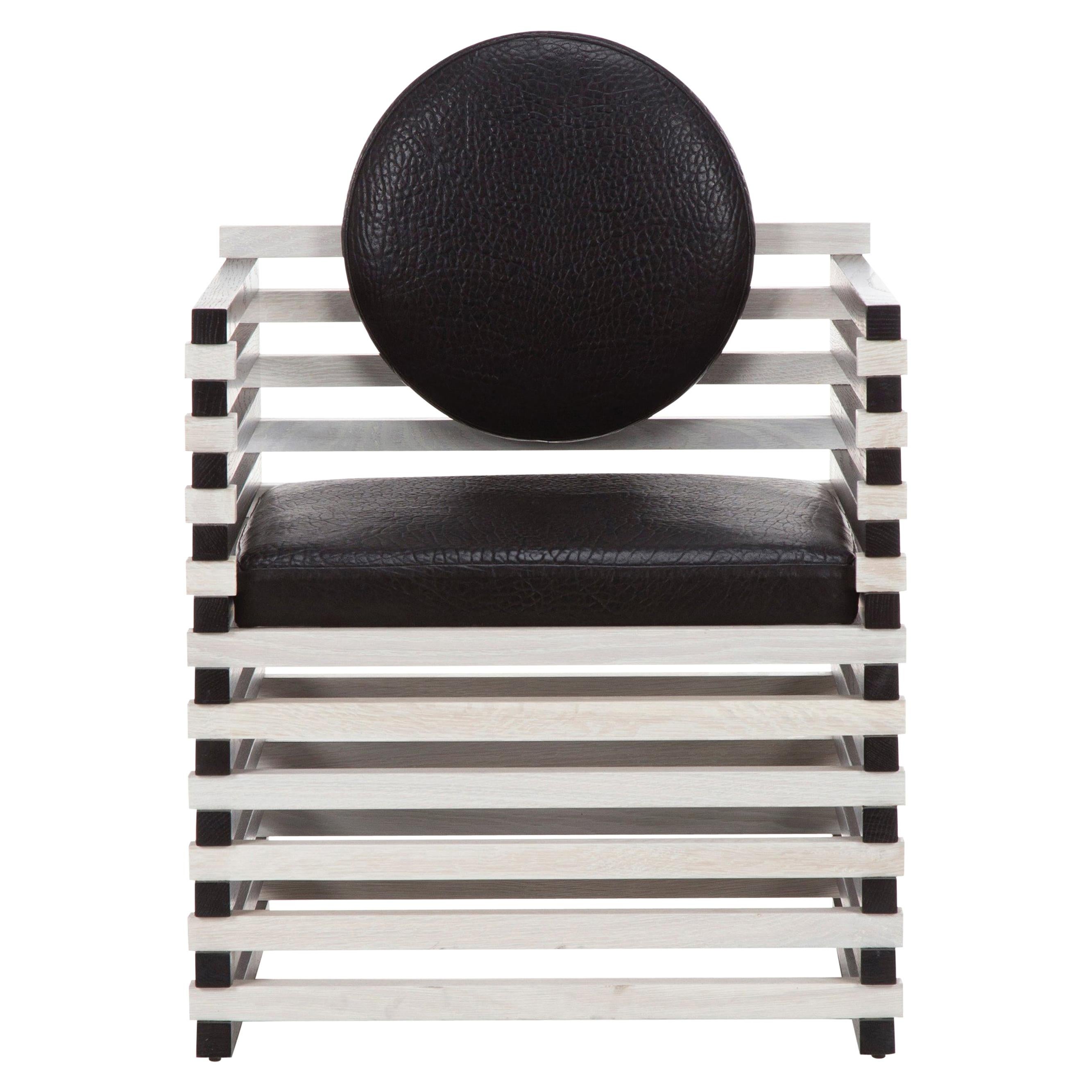 Hauser Armchair, High Contrast Black 
White Wood and Leather by Kelly Wearstler For Sale
