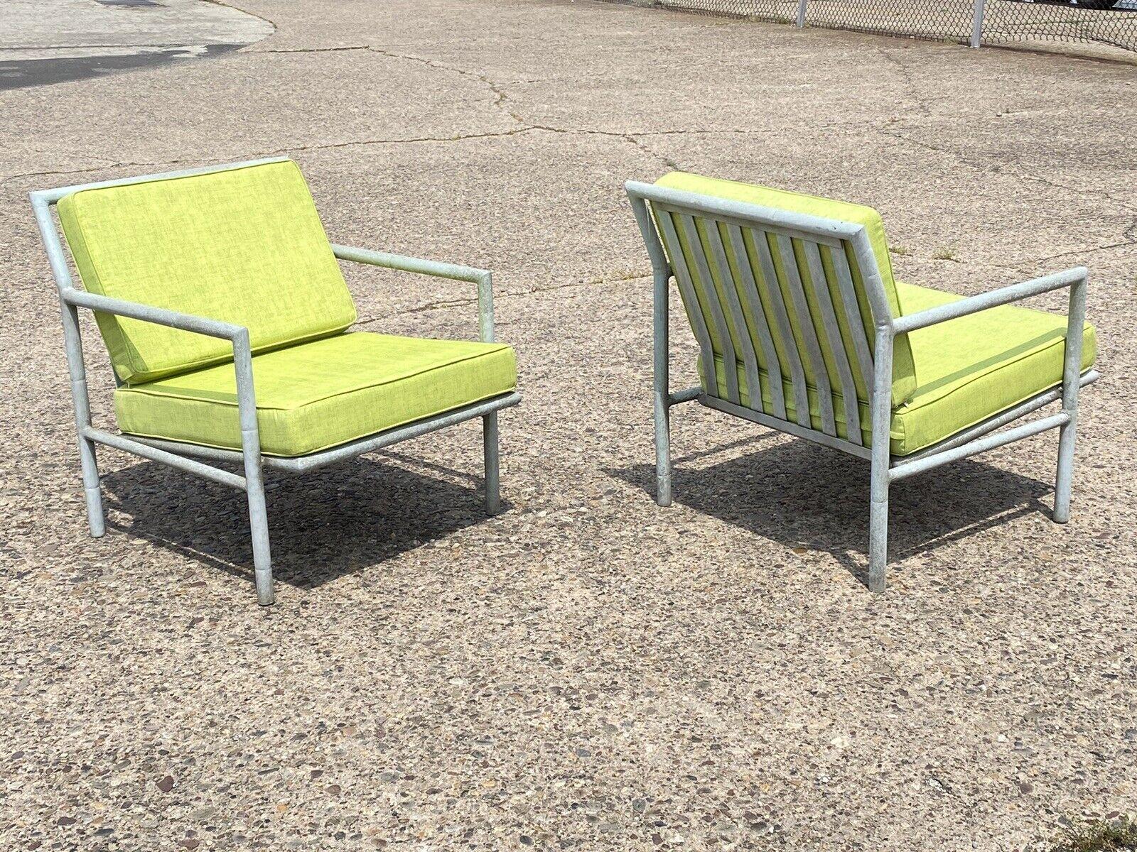 Mid-Century Modern / Hollywood Regency Faux Bamboo Aluminum Pool Patio Sofa Set - 5 Pc Set. Believed to be by Hauser. Set is unmarked. Item features a cast aluminum faux bamboo design frames, vinyl strap seats (vinyl straps in great condition), very