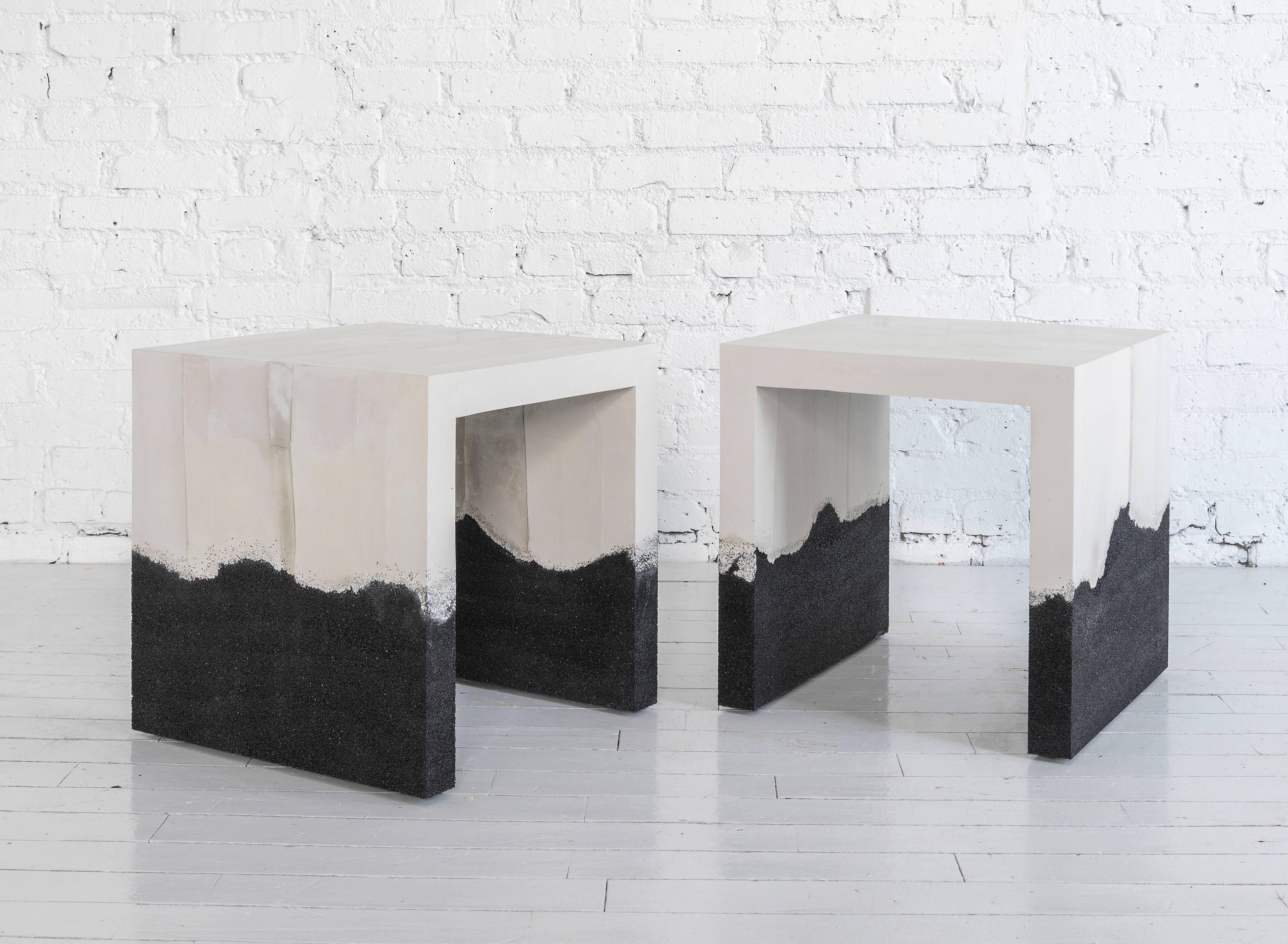 A layering of cement and silica, the made-to-order side table consists of gradients of tones and textures suggesting layers of earth and mountain ranges. The hand-dyed granules are stratified with delicate veins and ombre effects to create an