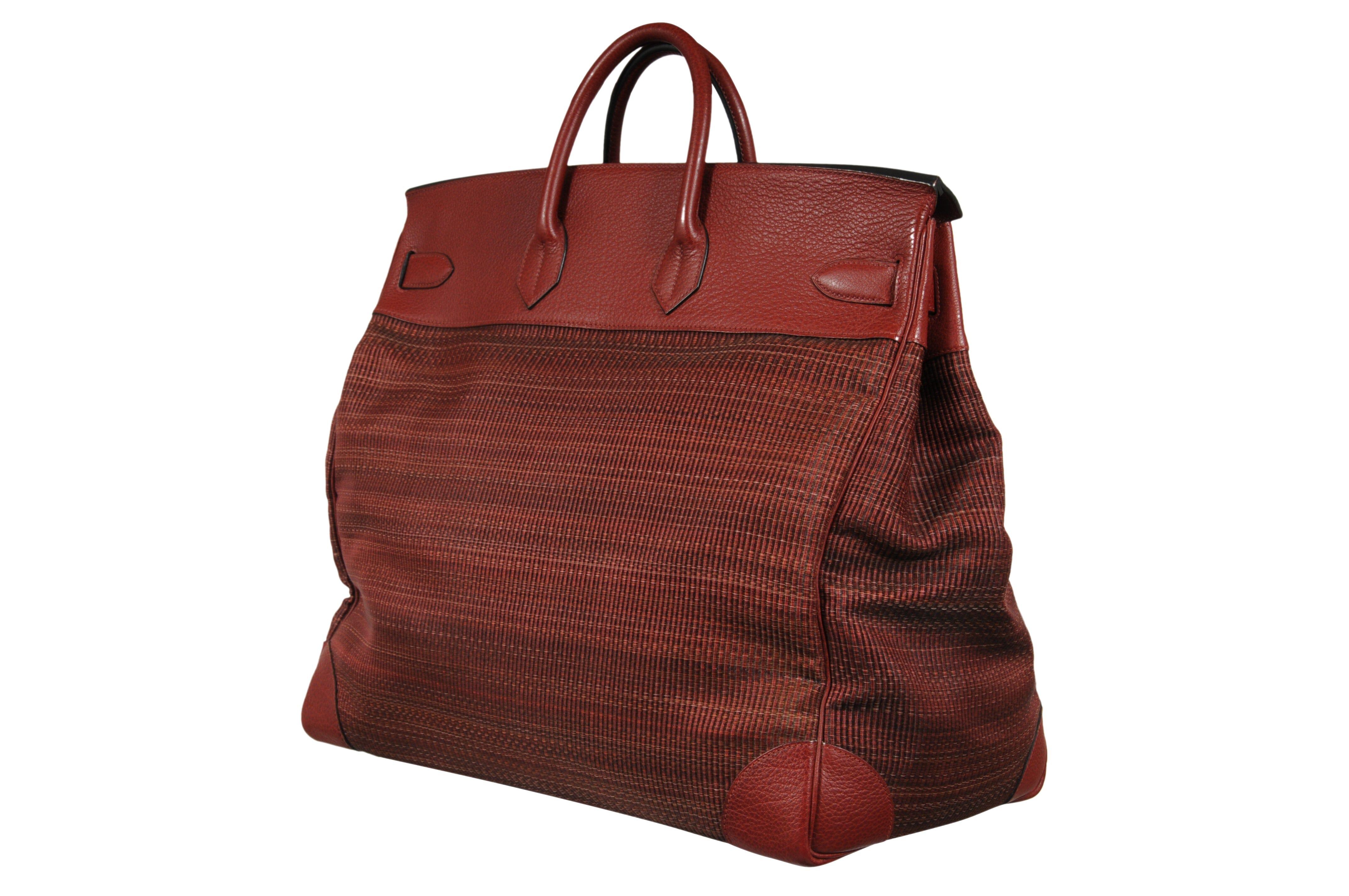 Brown Haute A Courroies Hac 50 Red Rouge H Crinoline Buffalo  Duffle Travel Bag Vtg For Sale