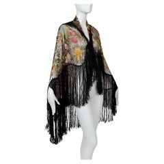 Haute Couture Black Embroidered French Silk Net Fringed Shawl- 40", 1900s
