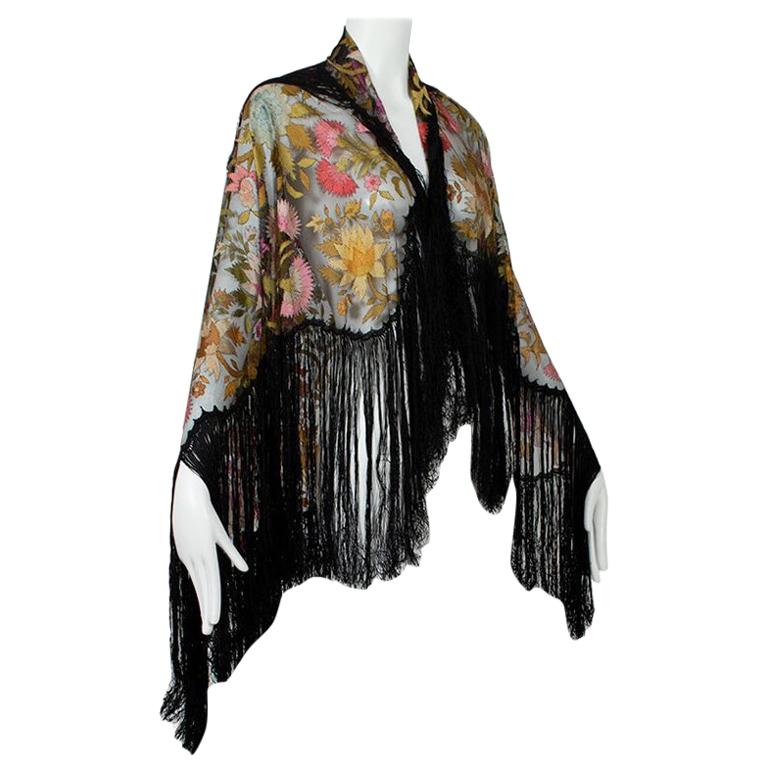 Haute Couture Black Embroidered Silk Piano Shawl Mantilla w Provenance - 1900s For Sale