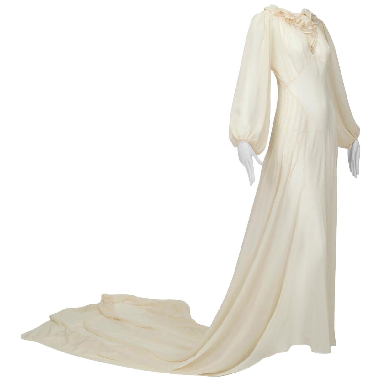 Haute Couture Cream Medieval Cathedral Train Wedding Gown - Small, 1930s