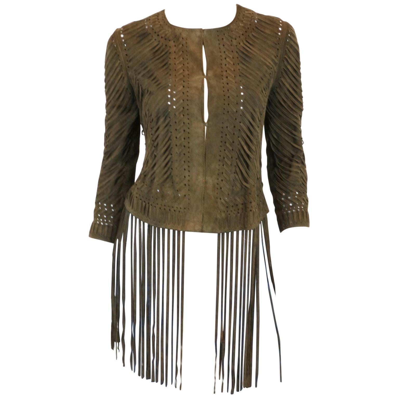 Haute Hippie Green Leather Jacket with Fringe at 1stDibs