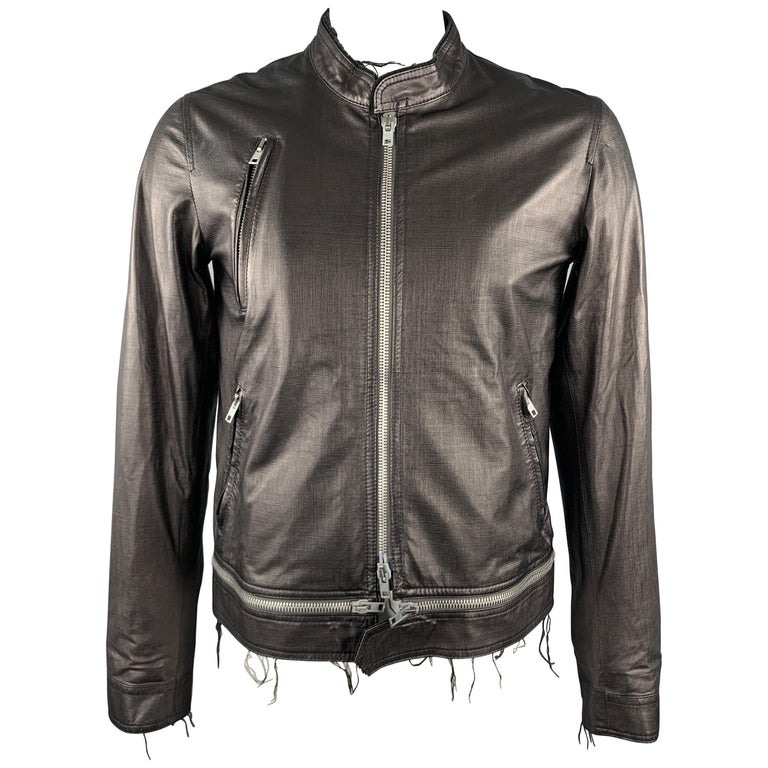 HAUTE Size 42 Black Leather Full Zip High Collar Zip Pockets Raw Hem ...