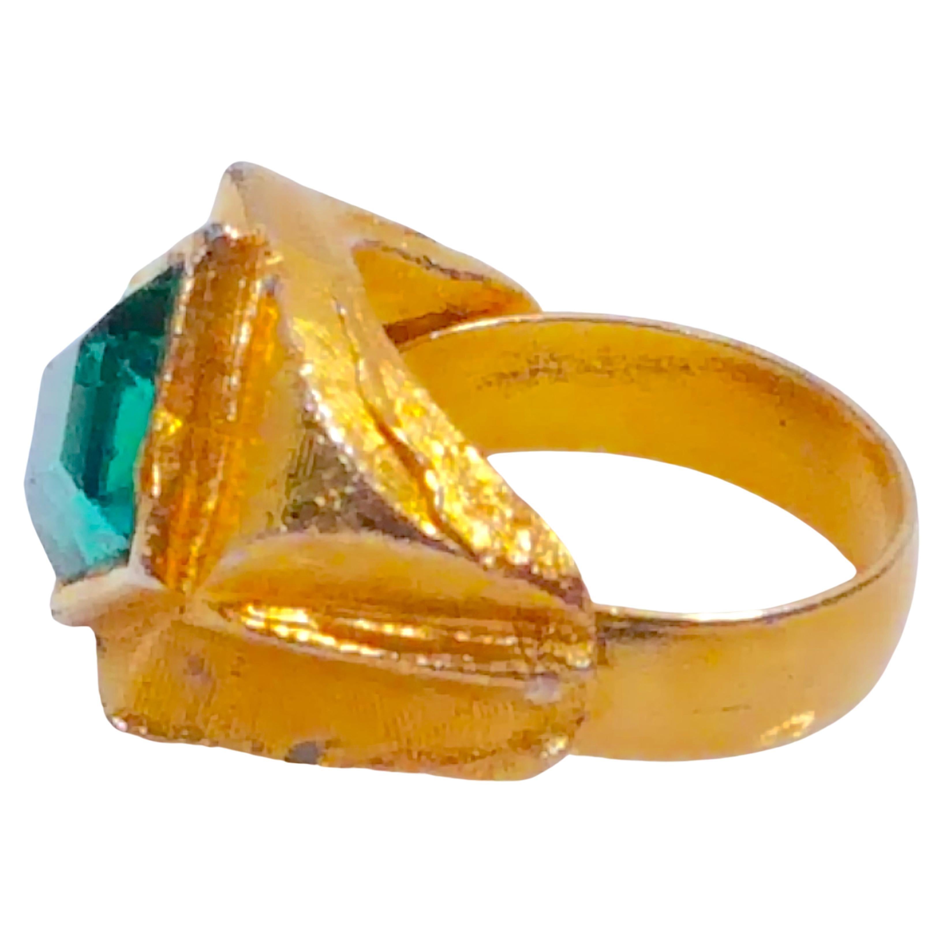 Emerald Cut Couture DiorDesigner WesternGermany MaxMuller TealCrystal GoldGilt Textural Ring For Sale