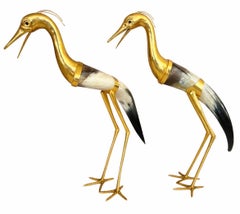 Hauy Pouigo Hollywood Regency Pair of Cranes in Dore Bronze and Horn