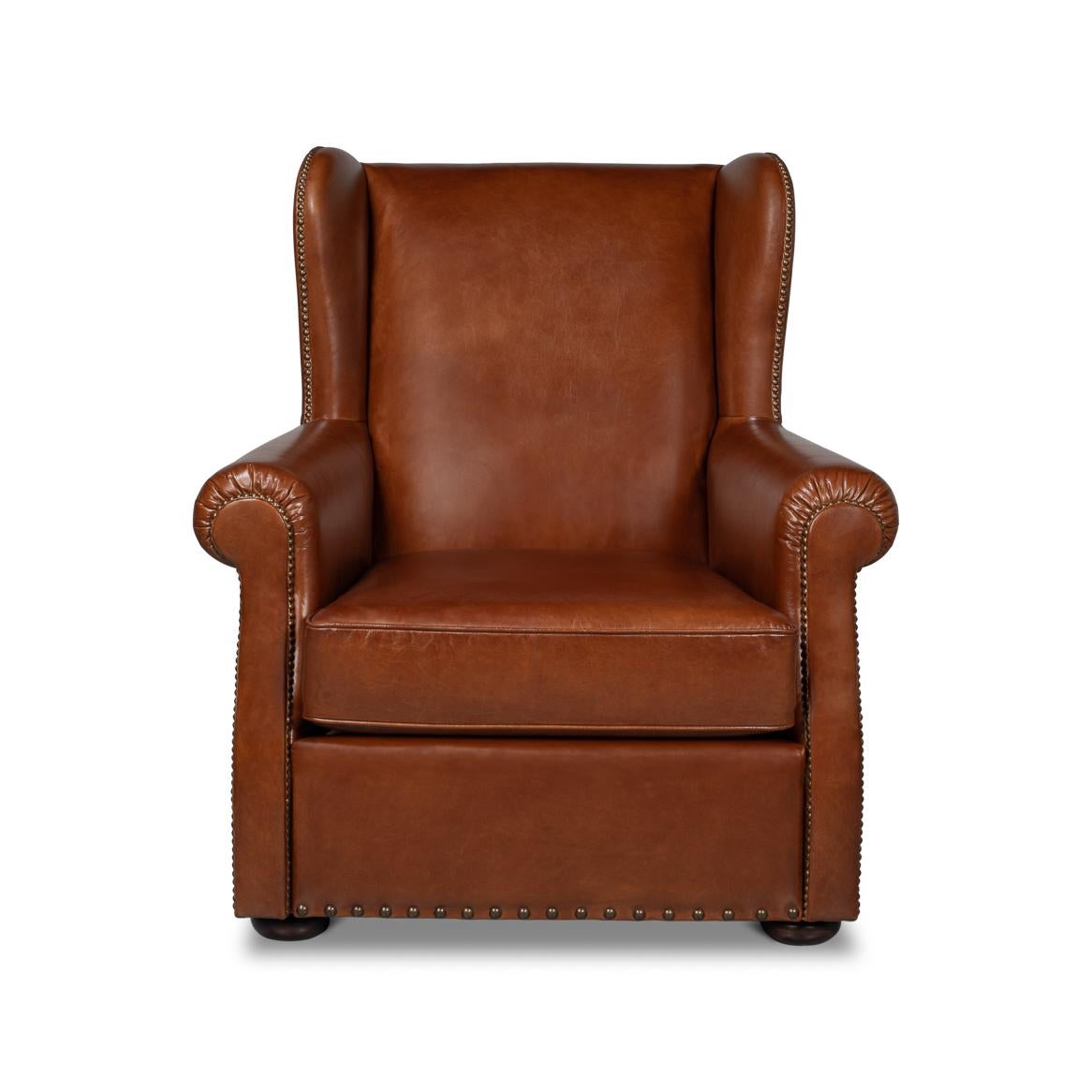 Featuring a high back design for ultimate support and rolled arms with intricate pleating detail, inviting you to a world of comfort with just one look. Wrapped in brown leather, its rich color is the epitome of luxury, bound to add a touch of class