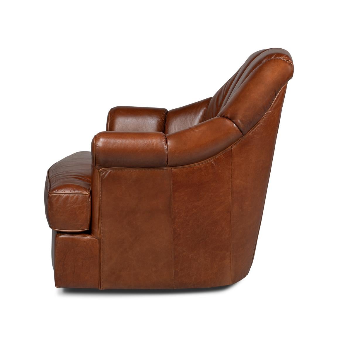 American Classical Havana Brown Leather Swivel Chair For Sale