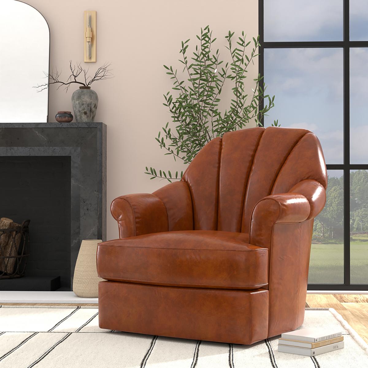 Havana Brown Leather Swivel Chair For Sale 1
