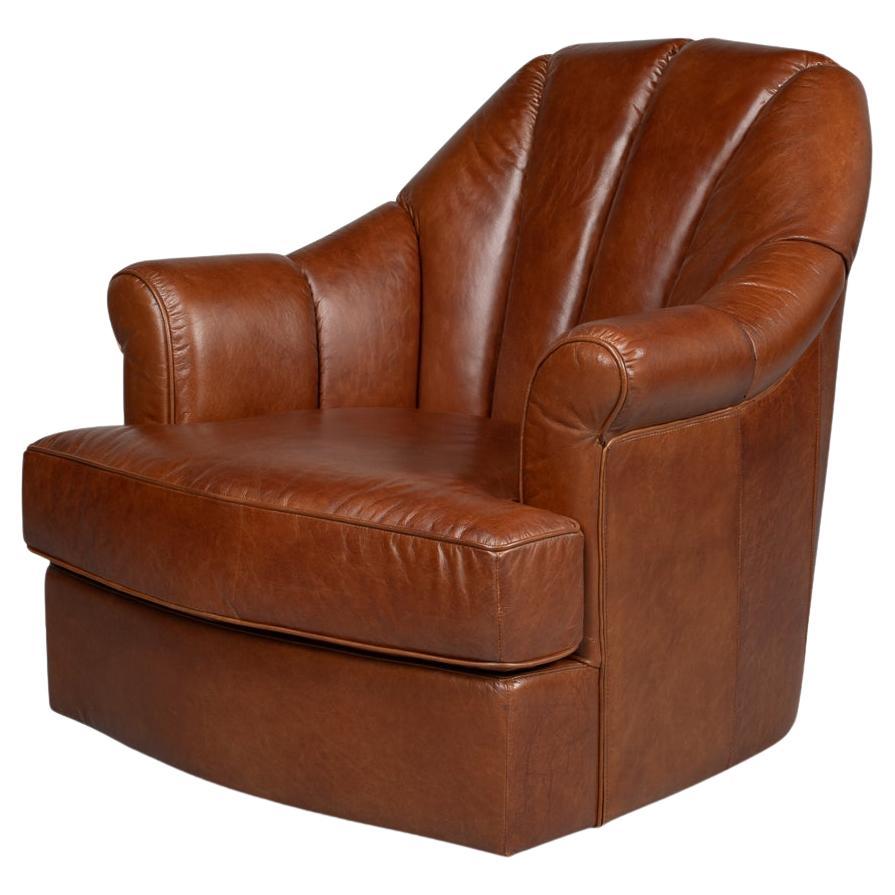 Havana Brown Leather Swivel Chair For Sale