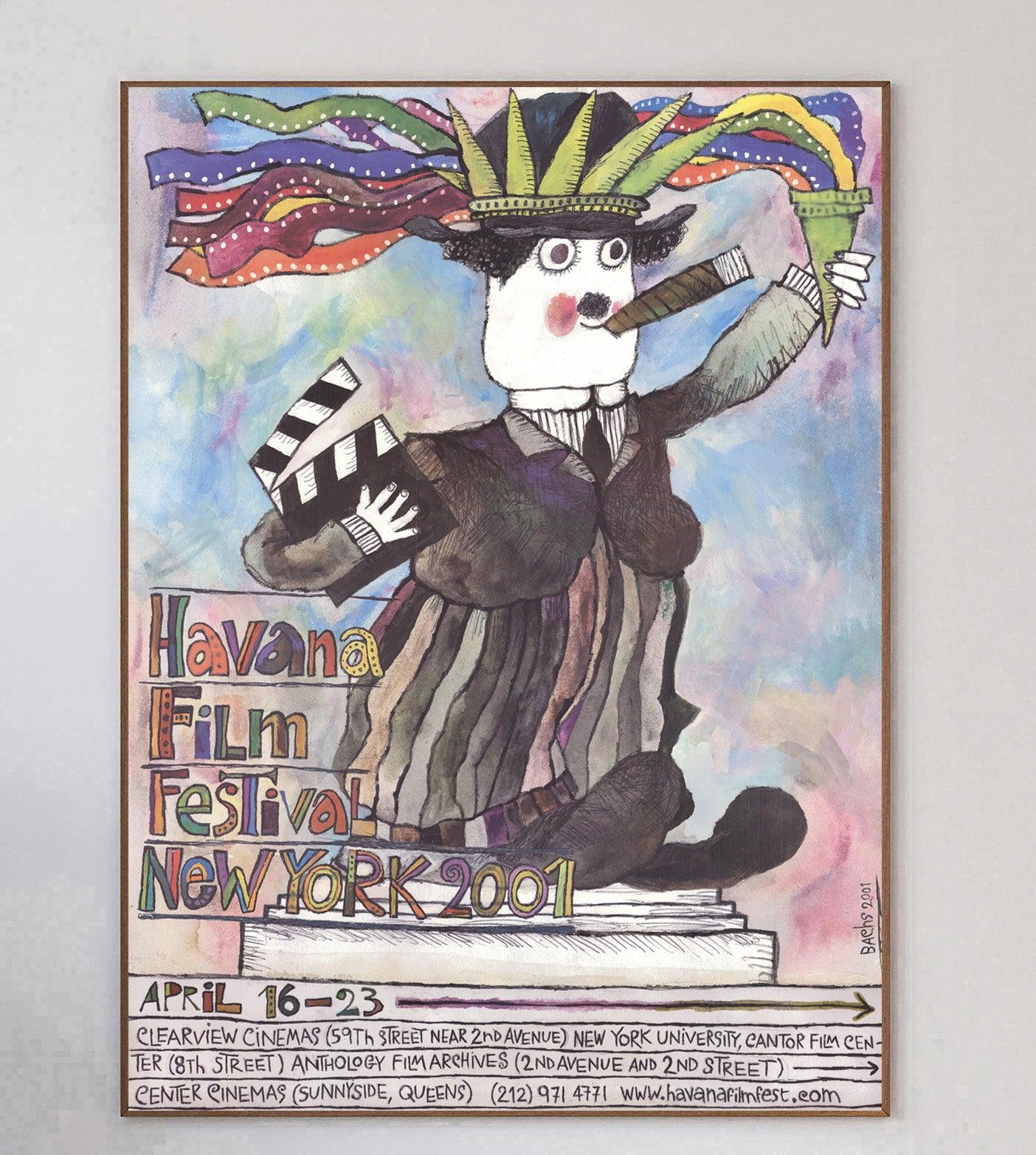 Splendido poster per l'Havana Film Festival 2001 a New York. Con un'opera d'arte dell'importante artista cubano Eduardo Munoz Bachs che raffigura Charlie Chaplin mentre fuma un sigaro cubano e si erge come la Statua della Libertà con corona e fiamma