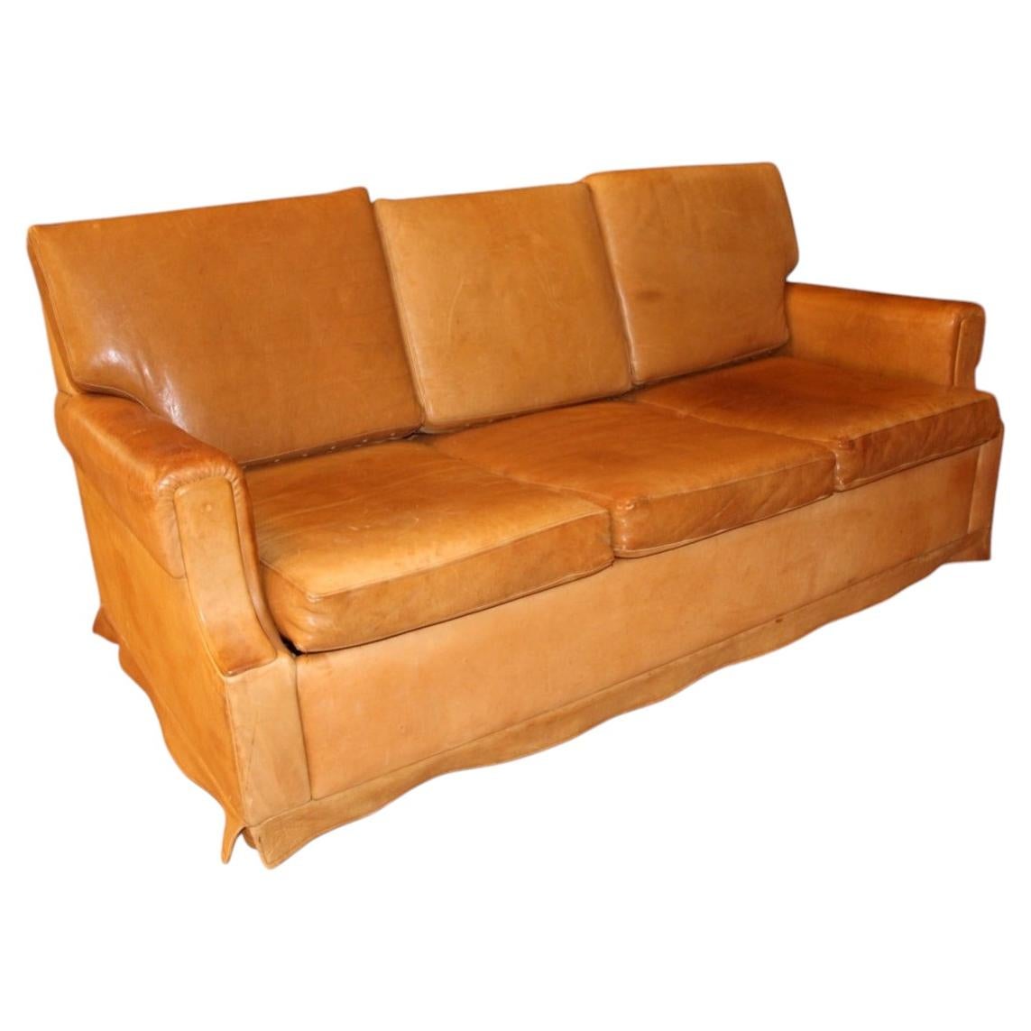 Havana Leather Sofa 70's Club Style For Sale