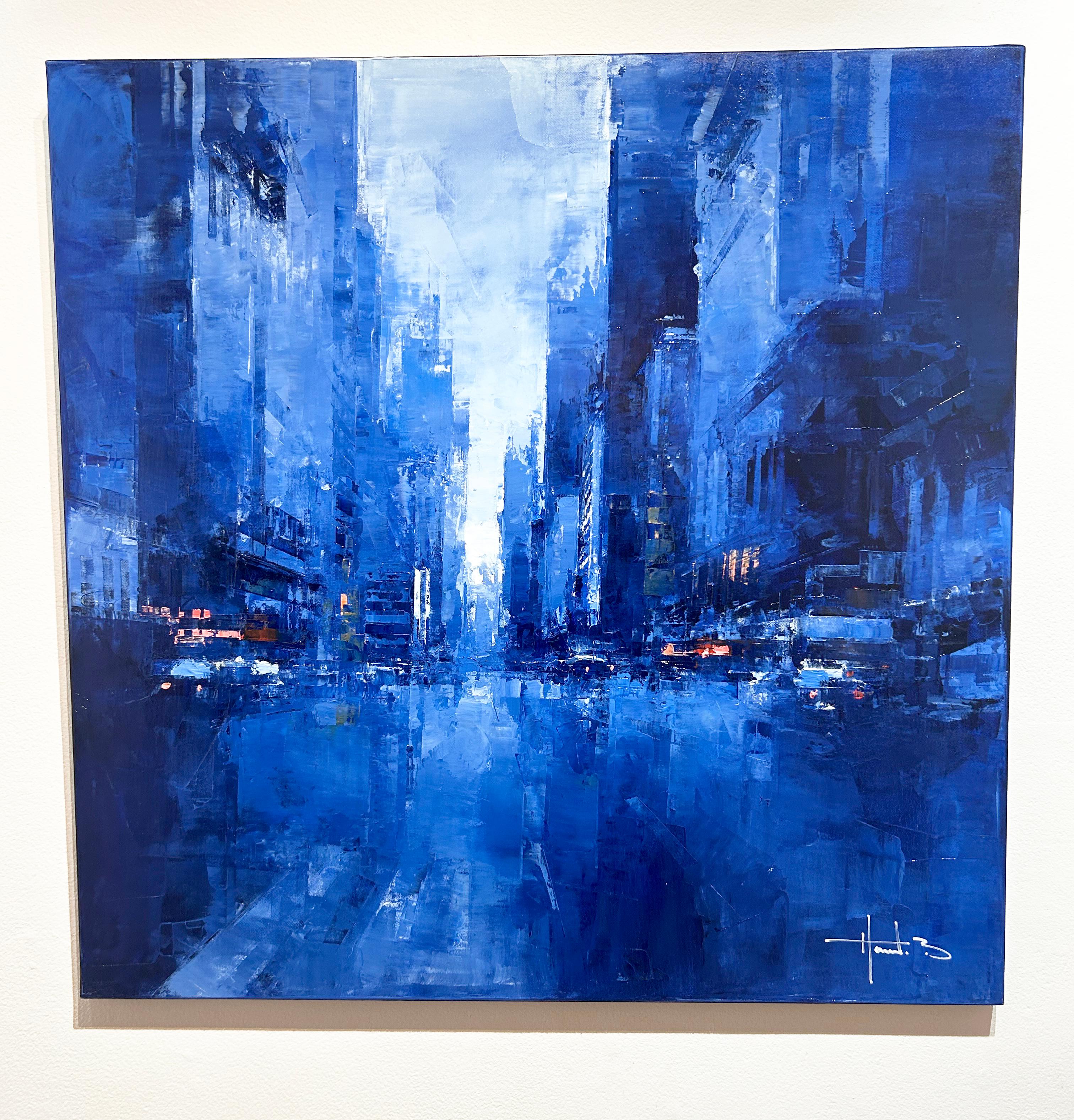 Havard Benoit, „7th Avenue Twilight“, 30x30 Blaues Ölgemälde in Manhattan, NYC, Havard Benoit  im Angebot 1
