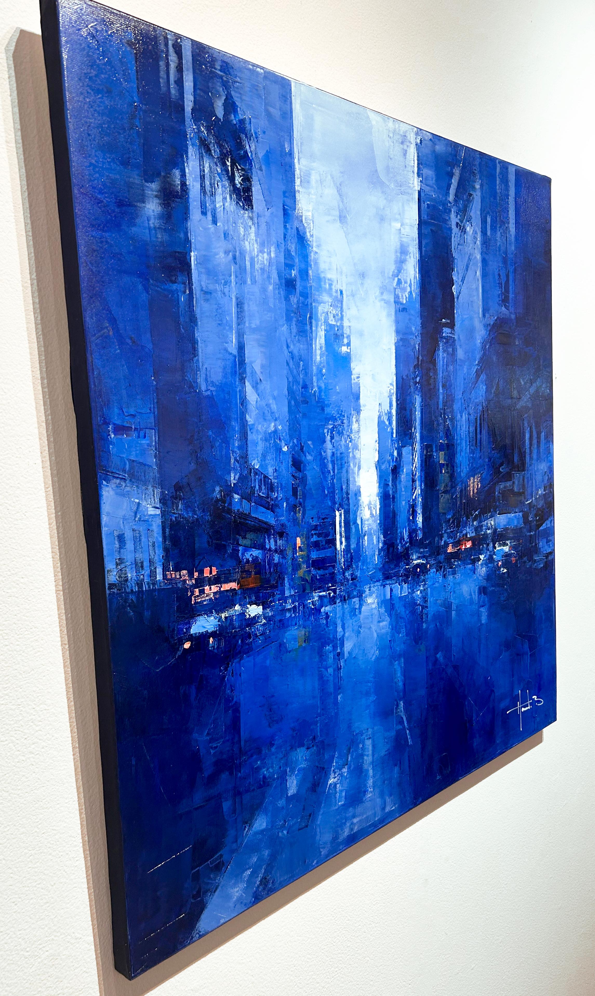 Havard Benoit, „7th Avenue Twilight“, 30x30 Blaues Ölgemälde in Manhattan, NYC, Havard Benoit  im Angebot 3