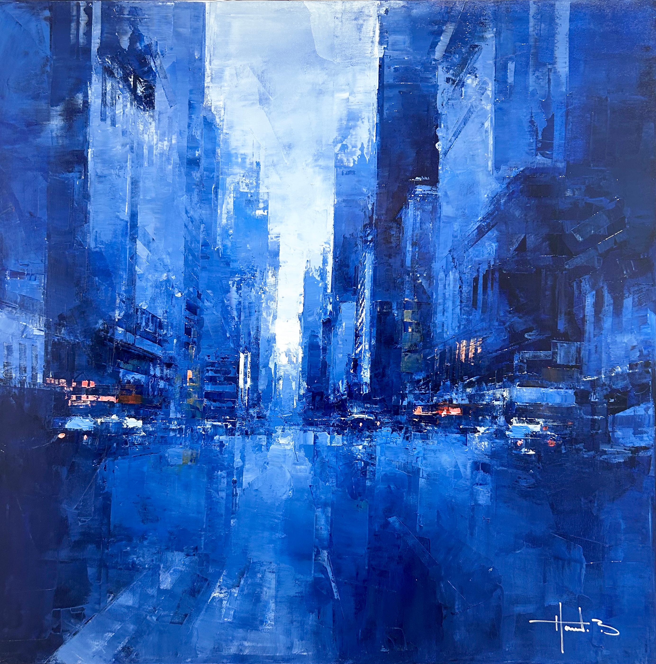 Dieses Werk, "7th Avenue Twilight", ist ein 30x30 Ölgemälde auf Leinwand des Künstlers Benoit Havard, das einen stimmungsvollen Blick auf eine belebte Straße in Manhattan New York City zeigt. Auf beiden Seiten erheben sich Gebäude, die dem