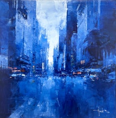 Havard Benoit, "7th Avenue Twilight" 30x30 Blue Manhattan NYC Oil Painting 