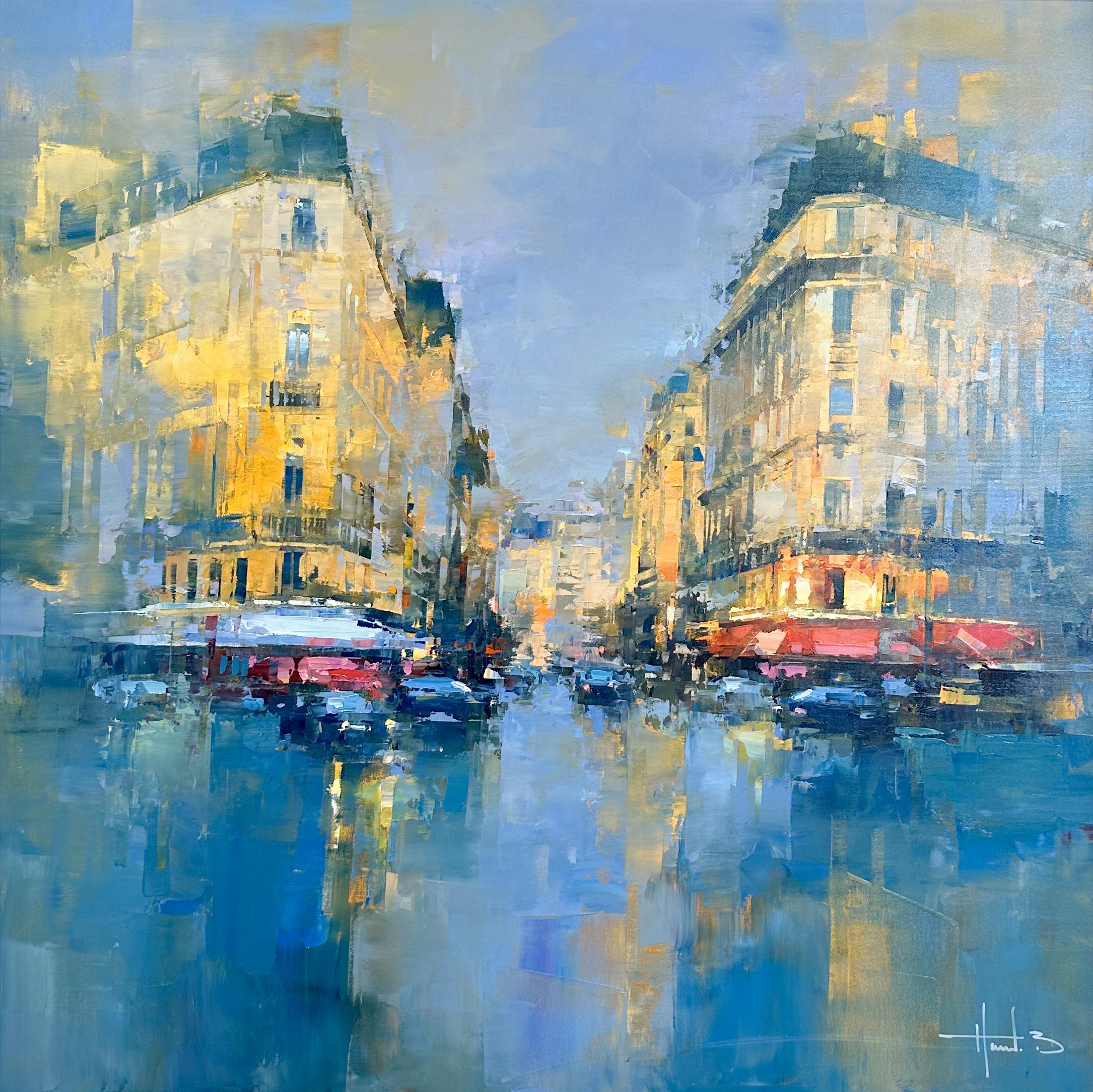 Havard Benoit, "Downtown Paris" Urban City Landscape Oil Painting on Canvas