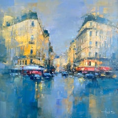 Peinture à l'huile sur toile "Downtown Paris", paysage urbain de Havard Benoit