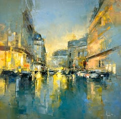 Havard Benoit, "Germain BLVD, Paris" Urban City Landscape Oil Painting on Canvas