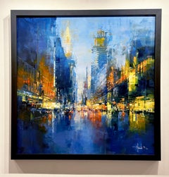 Havard Benoit, "Lexington Avenue", Blue Manhattan NYC Oil Painting on Canvas