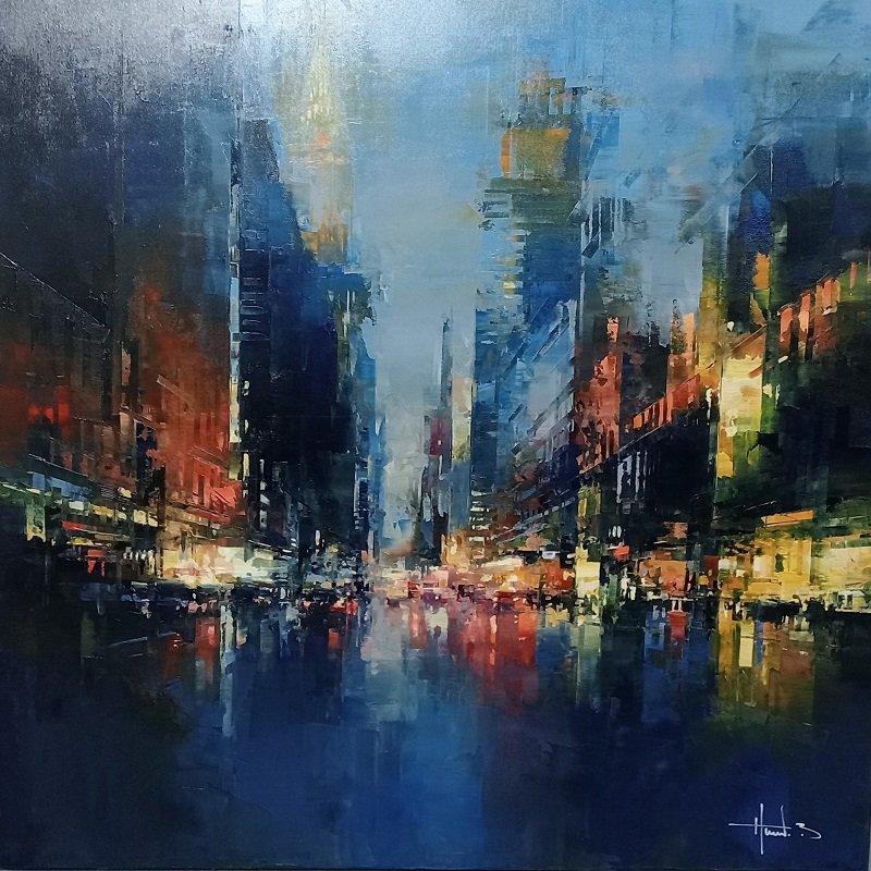 This piece, "Lexington Avenue", is a 39x39 oil painting on canvas by artist Benoit Havard featuring a moody view from above bustling Manhattan, NYC. Buildings in perspective line the street, giving a unique and life-like viewpoint to the viewer. An