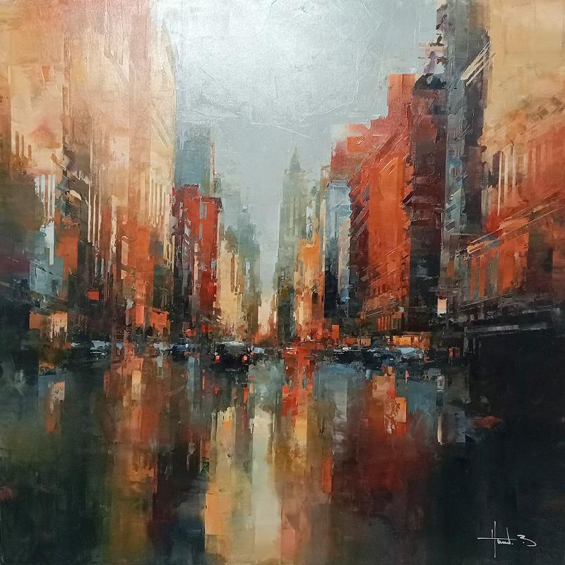 This piece, "Lower Manhattan", is a 39.5x39.5 oil painting on canvas by artist Benoit Havard featuring a moody view from above bustling Manhattan, NYC. Buildings in perspective line the street, giving a unique and life-like viewpoint to the viewer.