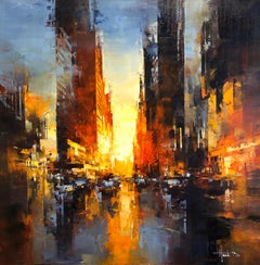 Peinture à l'huile de Havard Benoit, « Sunset Garment District », 39x39 Manhattan, New York 